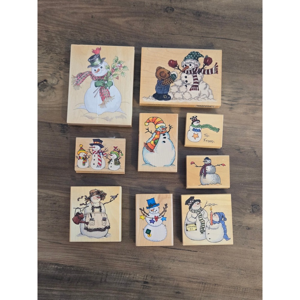 Lot of 9 Vintage Snowman Wood Mounted Rubber Stamps Winter Holiday Crafting